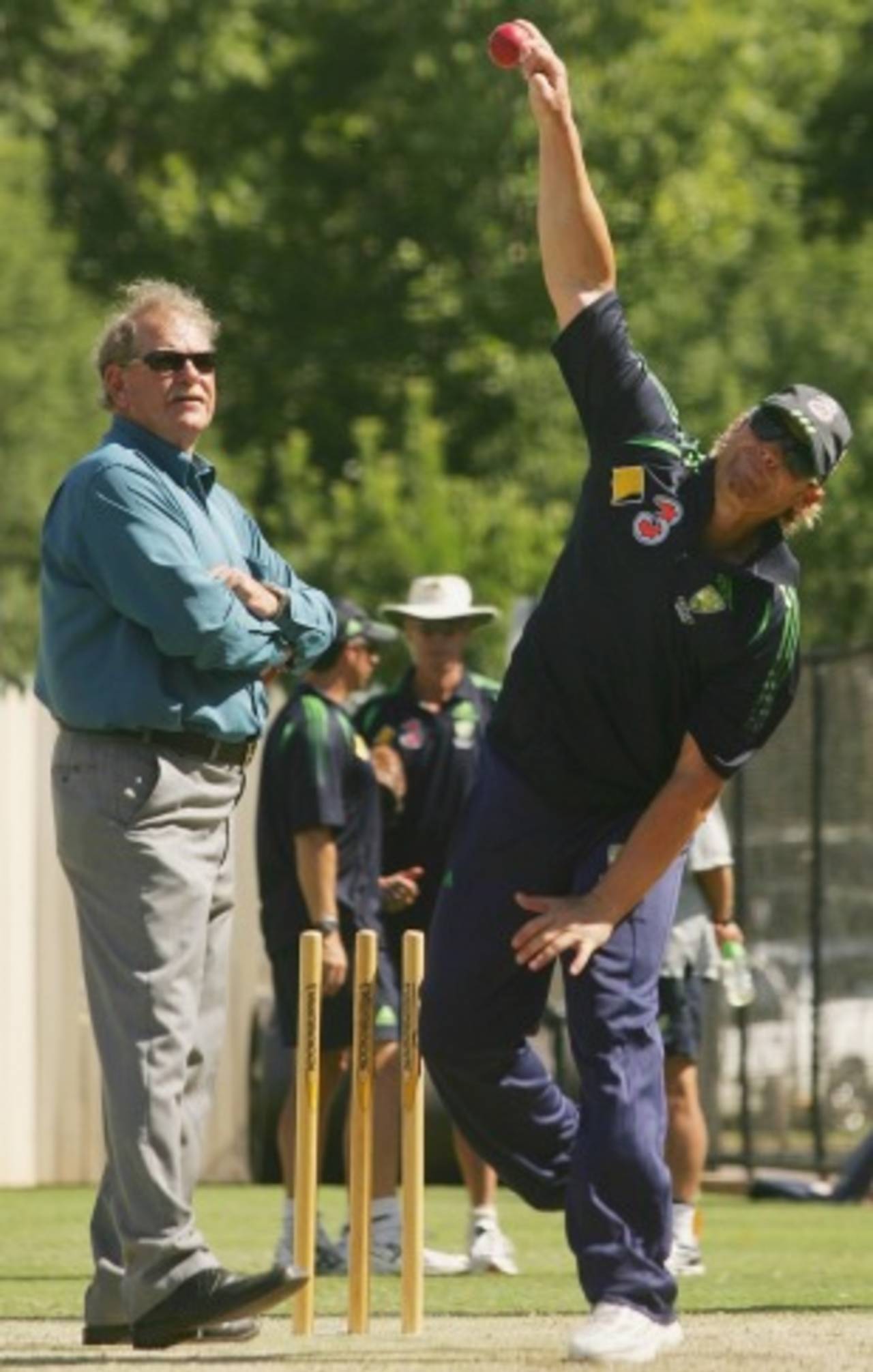 Terry Jenner watches Shane Warne in the nets before the second Ashes Test against England, Adelaide Oval, November 30, 2006.