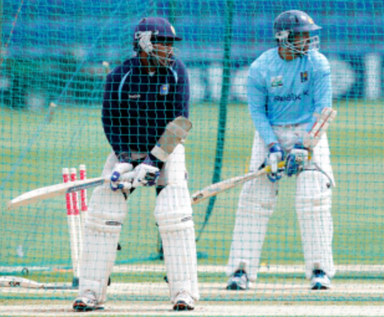 Mahela Jayawardene and Tillakaratne Dilshan do some work in the nets ahead of the first Test, Cardiff, May 25 2011