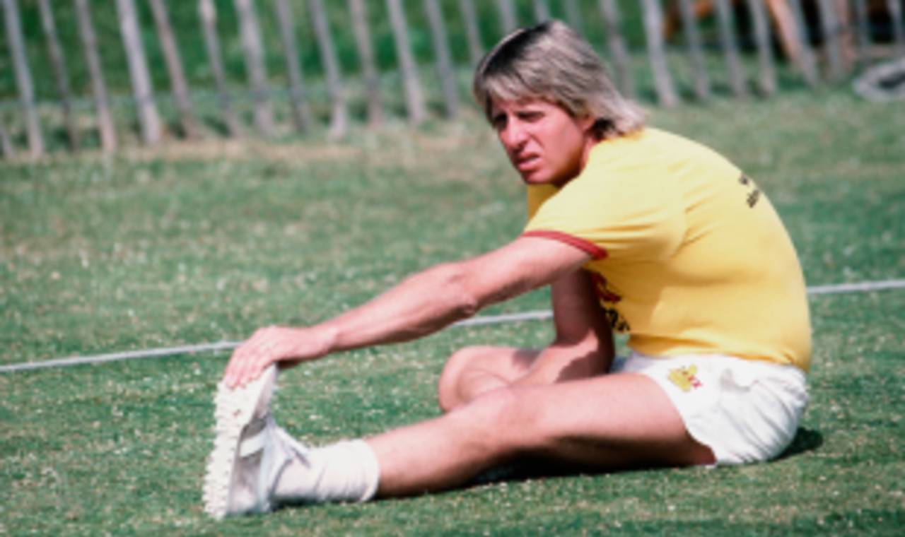 Jeff Thomson stretches his calf muscles, June 1, 1983