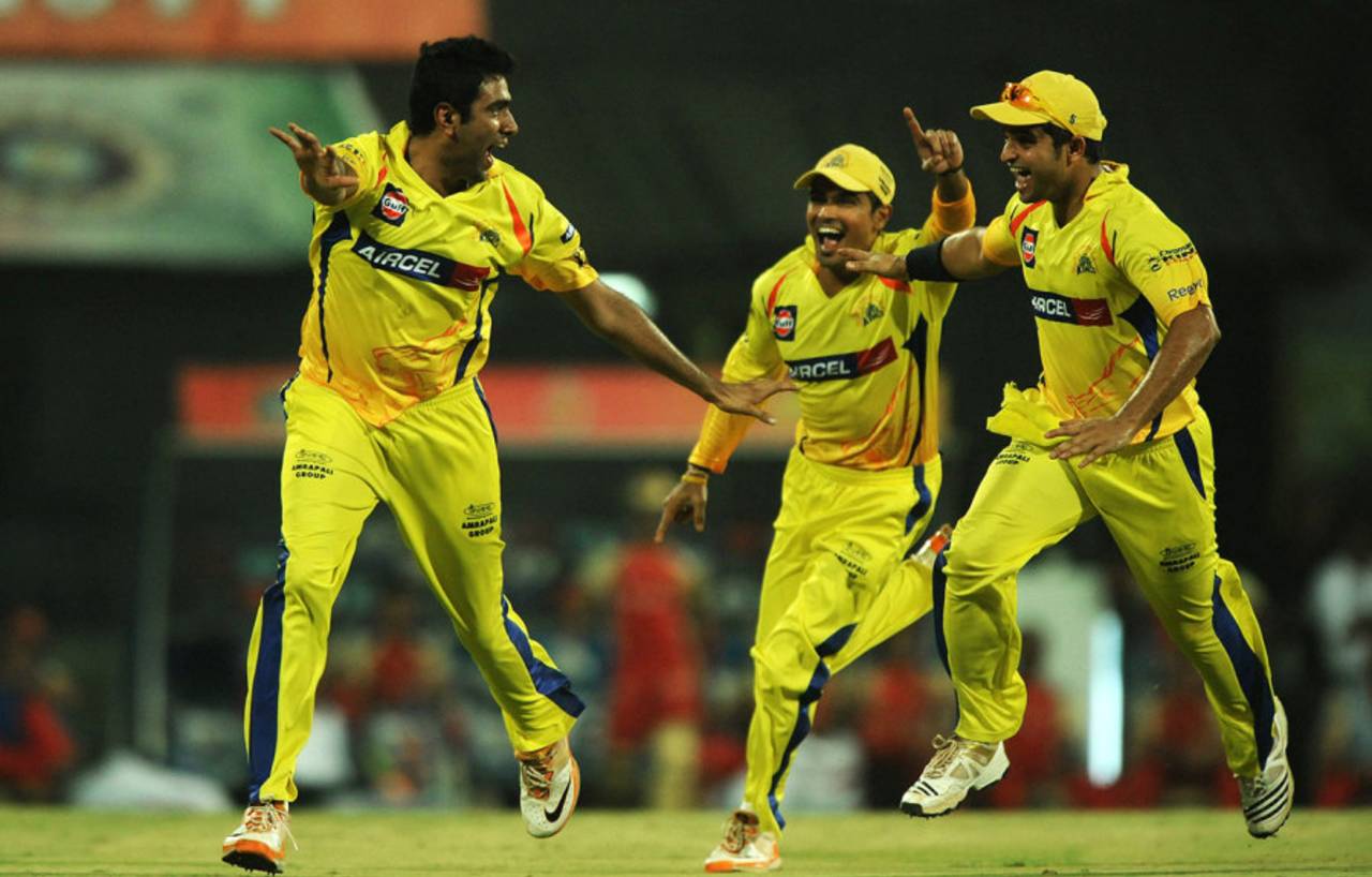 R Ashwin is about to be mobbed after dismissing Chris Gayle, Chennai v Bangalore, IPL 2011, Final, Chennai, May 28, 2011