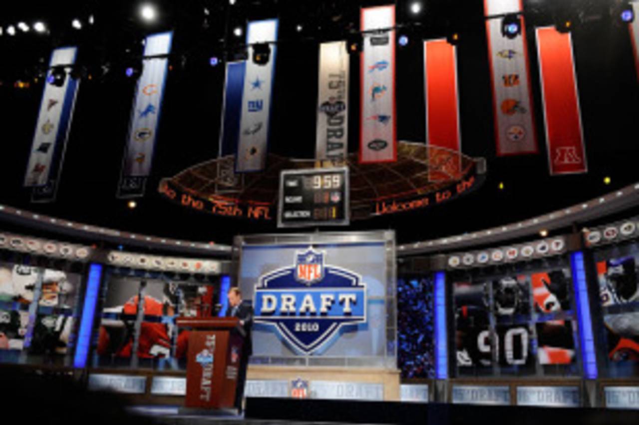NFL Commissioner Roer Goodell stands at the podium on stage during the first round of the 2010 NFL Draft at Radio City Music Hall, New York, April 22, 2010