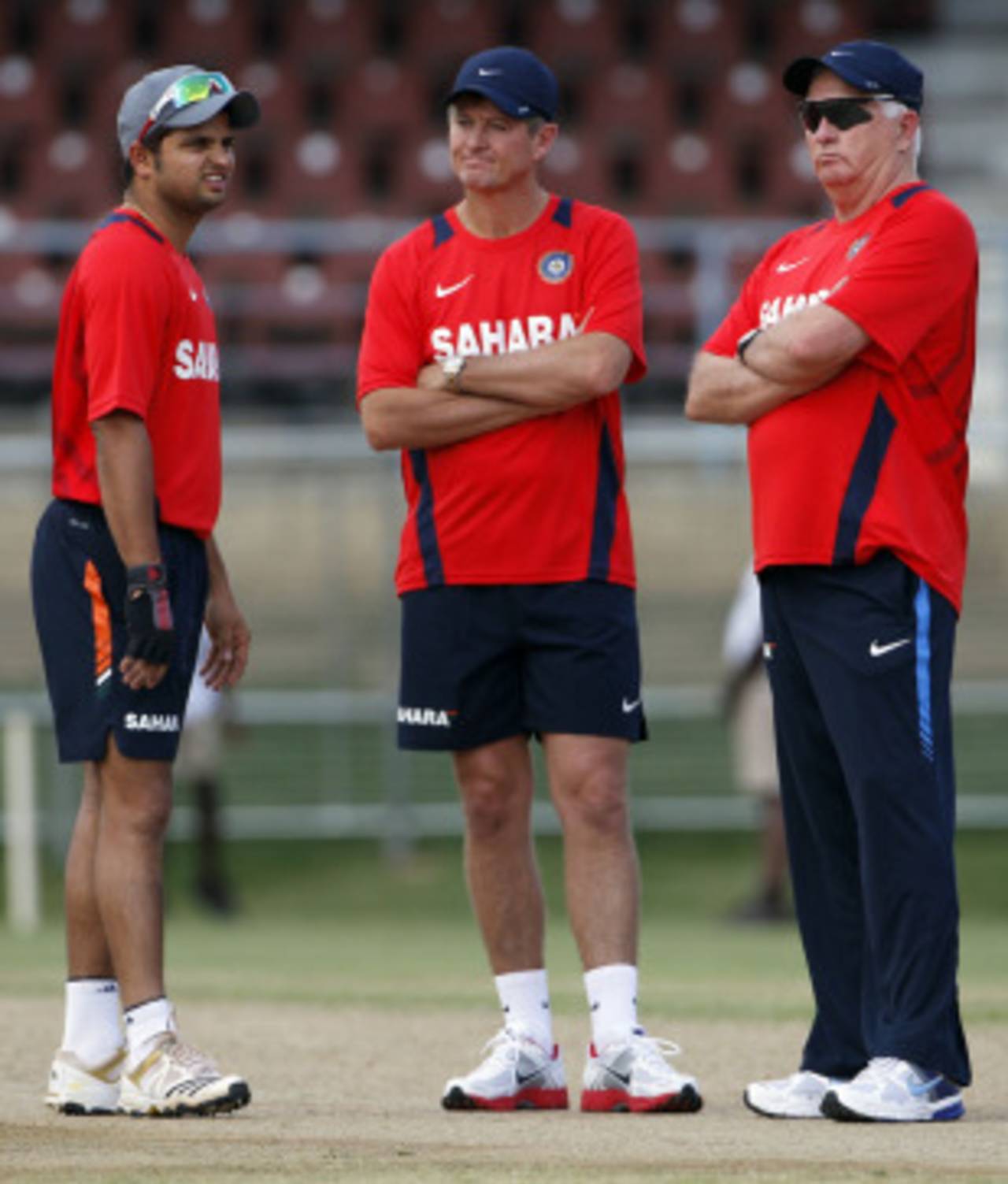 Suresh Raina with India coach Duncan Fletcher and fielding coach Trevor Penney, Queen's Park Oval, Port of Spain, June 2, 2011