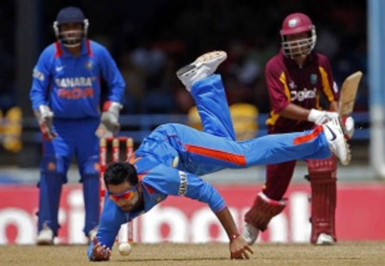 Virat Kohli fields brilliantly off his own bowling, West Indies v India, 1st ODI, Trinidad, June 6, 2011