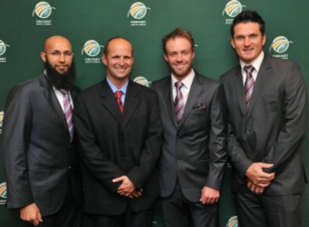 South Africa's new leadership team - Graeme Smith (Test captain), Ab de Villiers (ODI and T20 captain, Test vice-captain), Gary Kirsten (coach) and Hashim Amla (ODI and T20 vice captain), Johannesbug, June 6, 2011