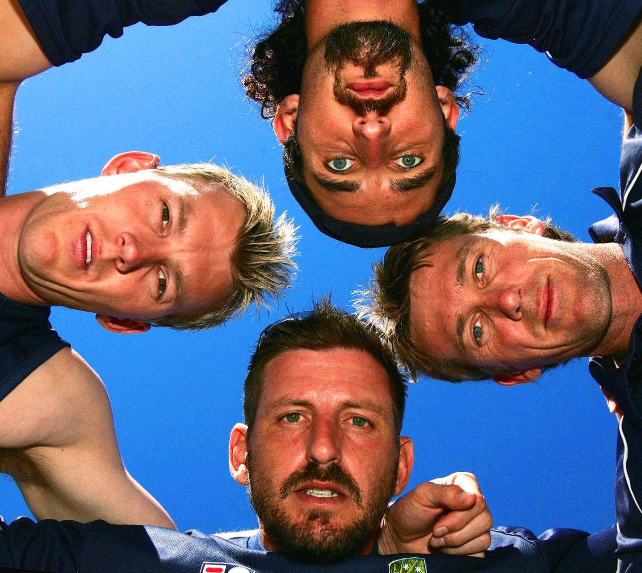 ason Gillespie, Brett Lee, Glenn McGrath and Michael Kasprowicz look on in Napier, March 2, 2005