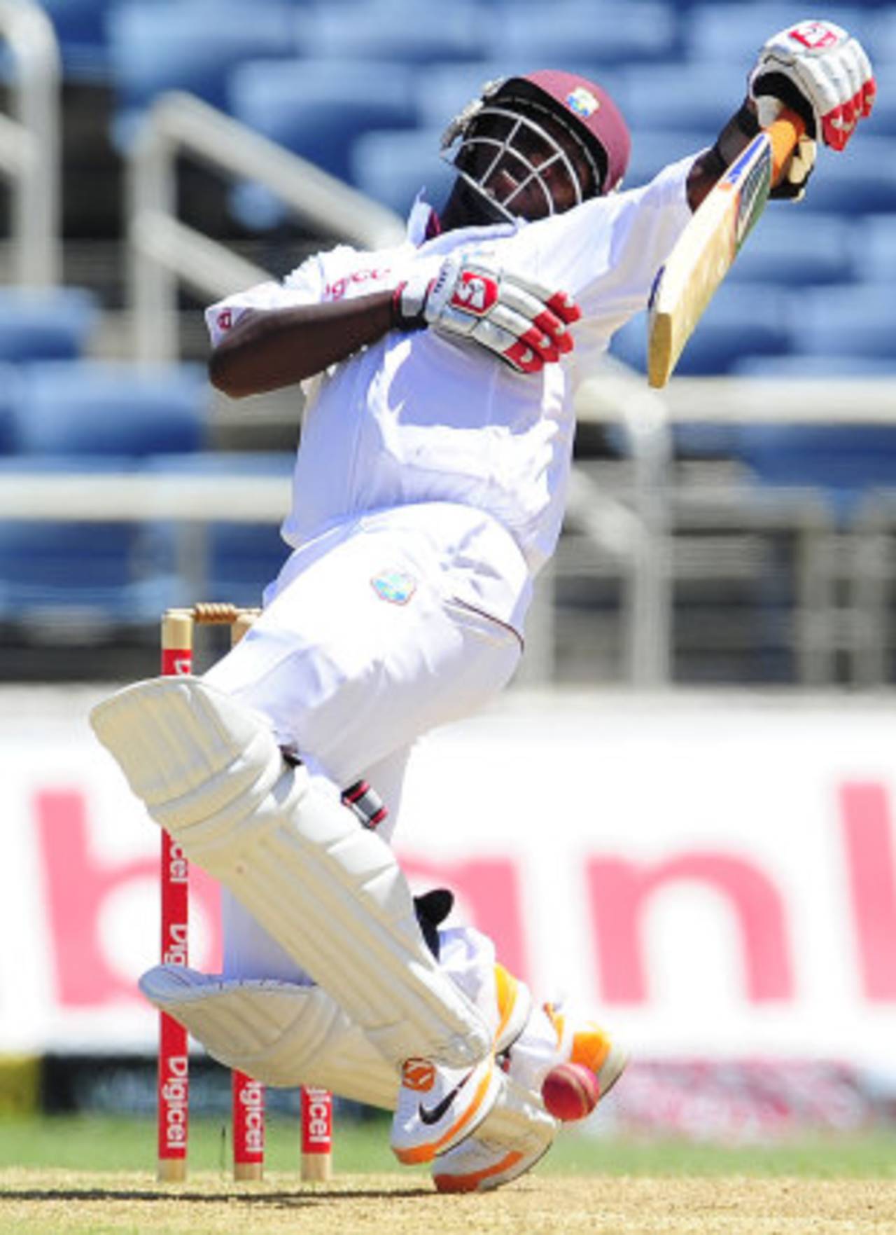 Fidel Edwards is roughed up by a bouncer from Ishant Sharma, West Indies v India, 1st Test, Kingston, 2nd day, June 21, 2011