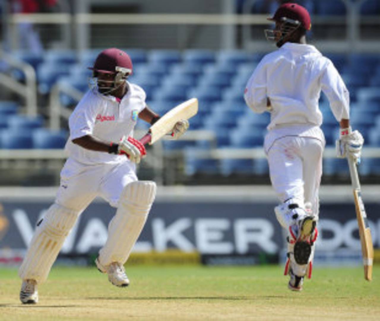 Adrian Barath and Lendl Simmons run between the wickets, West Indies v India, 1st Test, Kingston, 3rd day, June 22, 2011