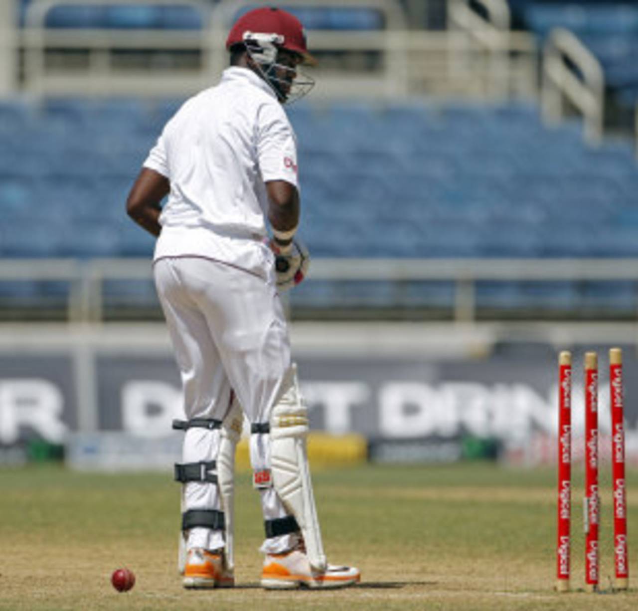Darren Bravo looks back after being bowled round his legs, West Indies v India, 1st Test, Kingston, 4th day, June 23, 2011