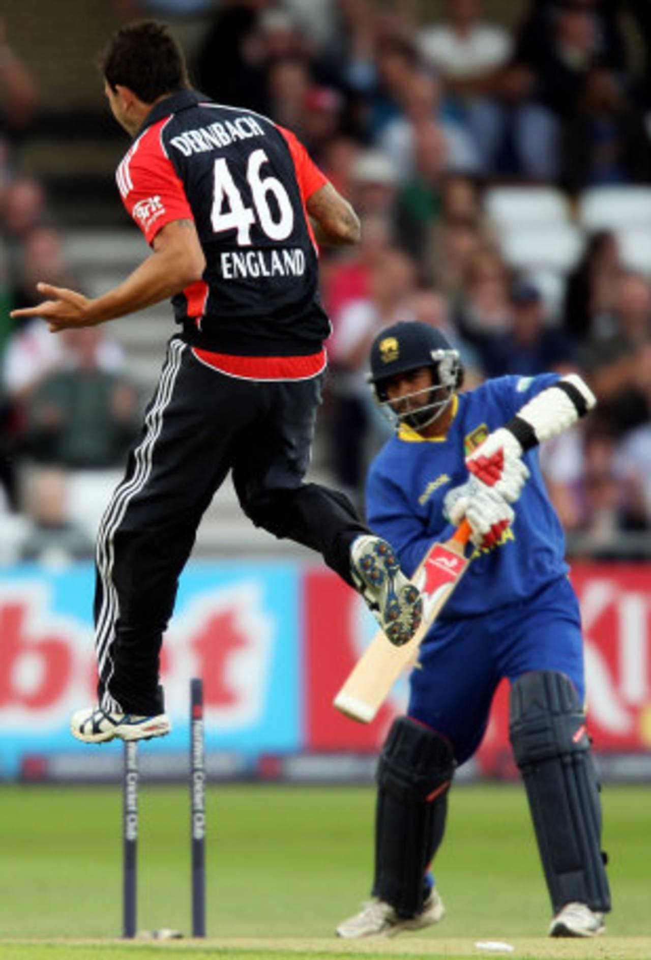 Jade Dernbach leaps for joy after uprooting Lasith Malinga's leg stump, England v Sri Lanka, 4th ODI, Trent Bridge, July 6 2011
