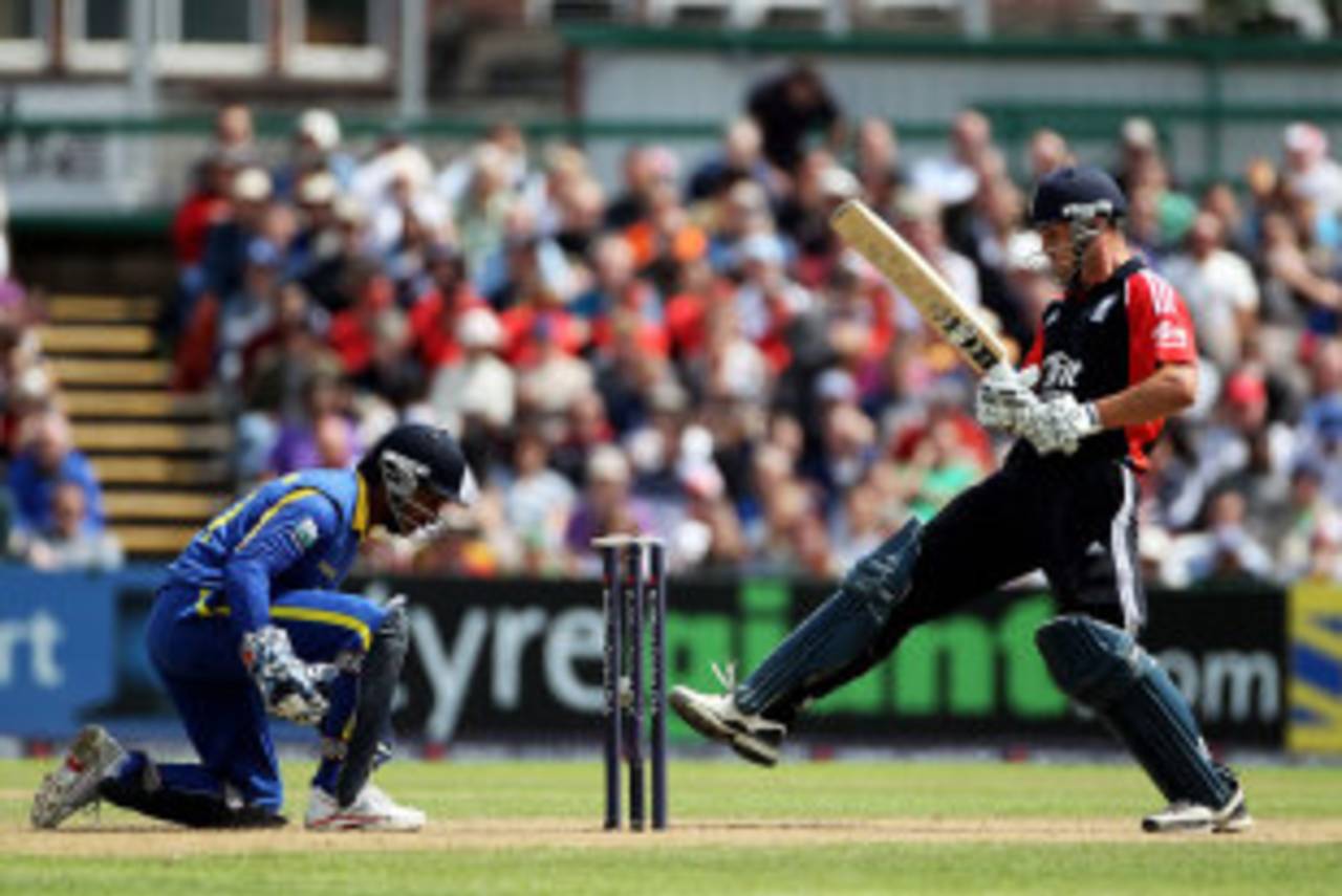 What a way to go: Jonathan Trott watches the ball bobble into his stumps, England v Sri Lanka, 5th ODI, Old Trafford, July 9 2011