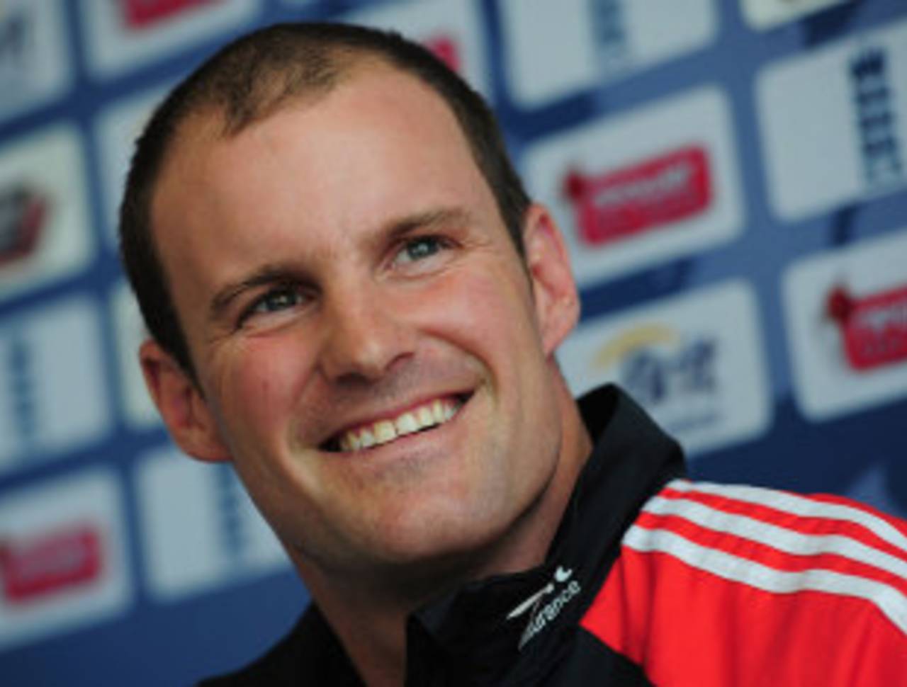 Andrew Strauss smiles during the press conference ahead of the warm-up game between Somerset and India, Taunton, July 14 2011