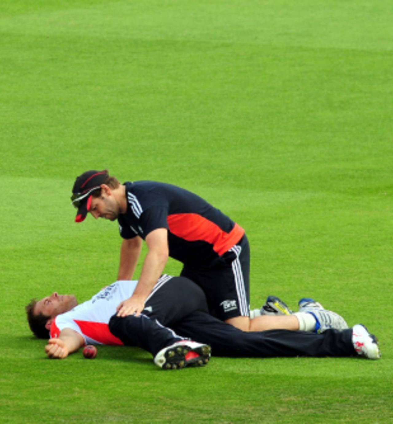 Chris Tremlett had plenty of attention from England's physio during the training session, Nottingham, July 28, 2011