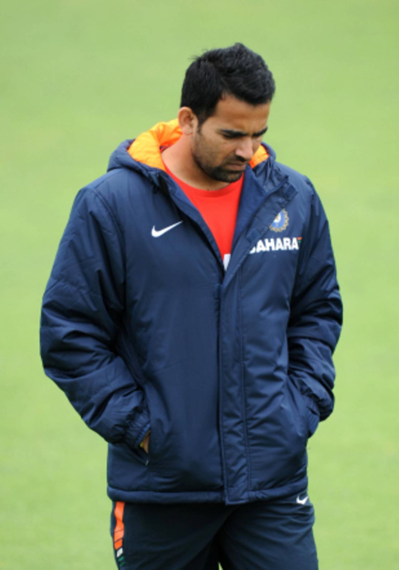 Zaheer Khan takes a break during India's practice session, Nottingham, July 28, 2011