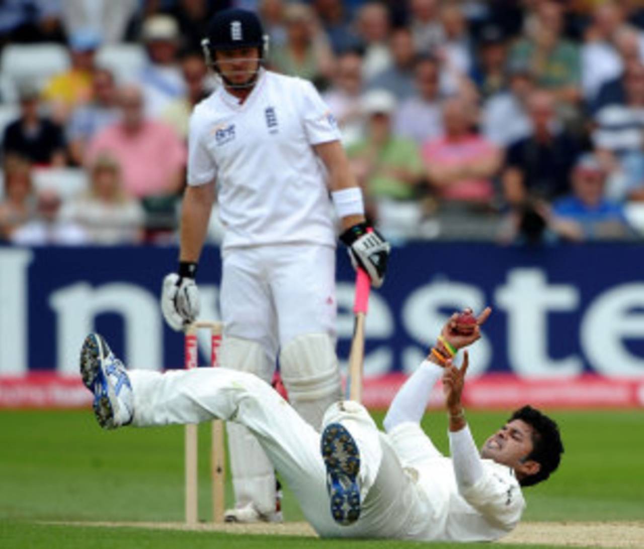 Sreesanth appeals after taking a bump-catch on his follow-through off Ian Bell, England v India, 2nd Test, Trent Bridge, 1st day, July 29, 2011