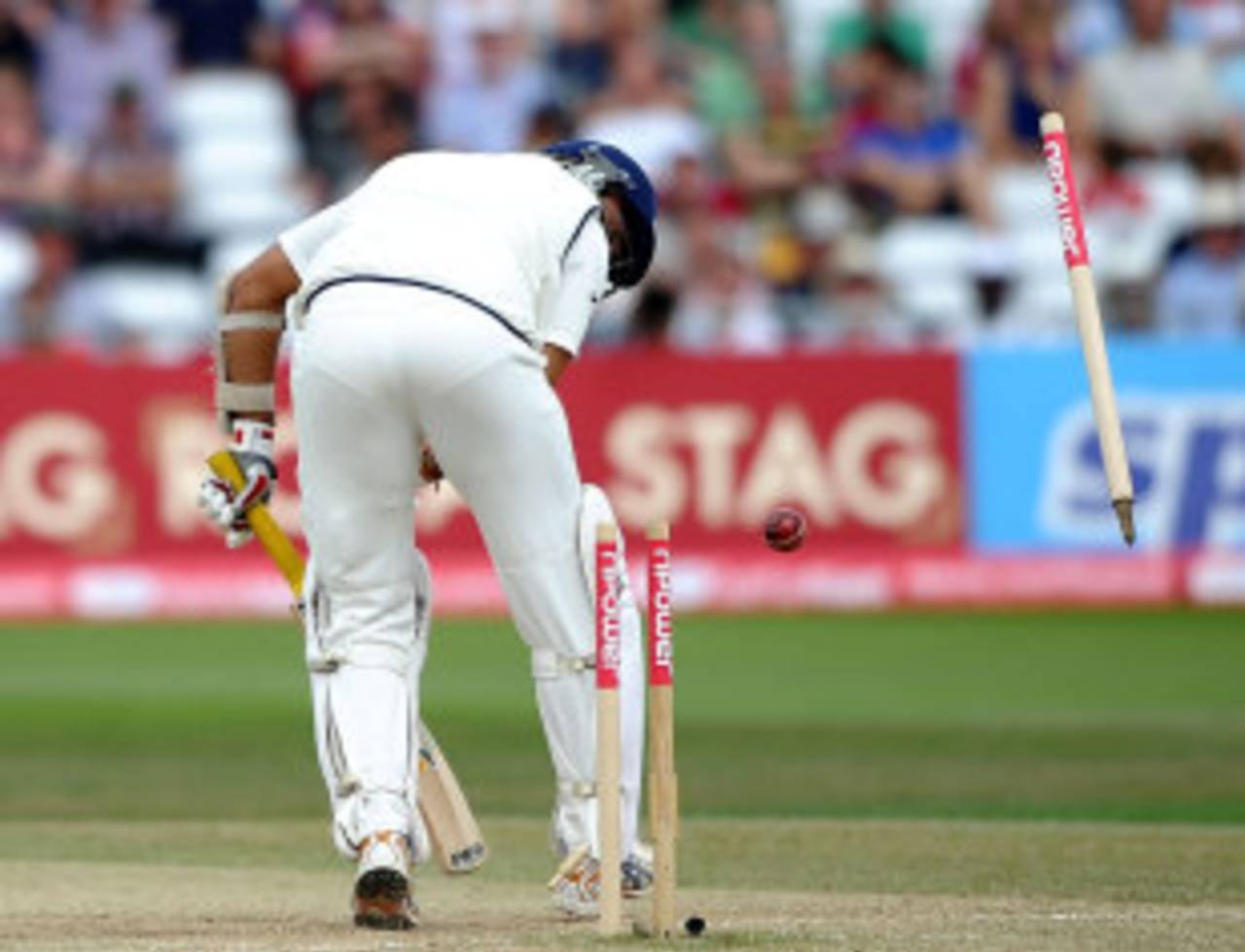 VVS Laxman looks back to see his stumps cart-wheeling, England v India, 2nd Test, Trent Bridge, 4th day, August 1, 2011