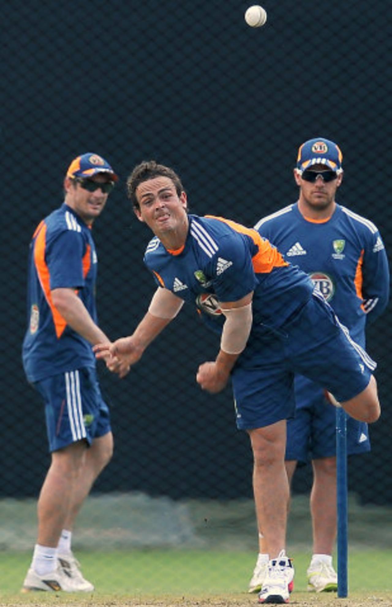 Steve O'Keefe bowls in the nets during a training session in Pallekele, August 4, 2011