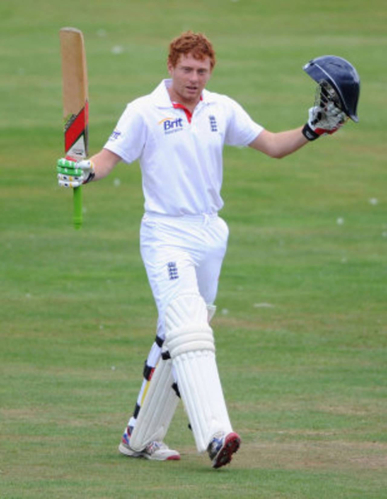 Jonathan Bairstow celebrates his century on the fourth day at Scarborough, England Lions v Sri Lanka A, Scarborough, August 5, 2011