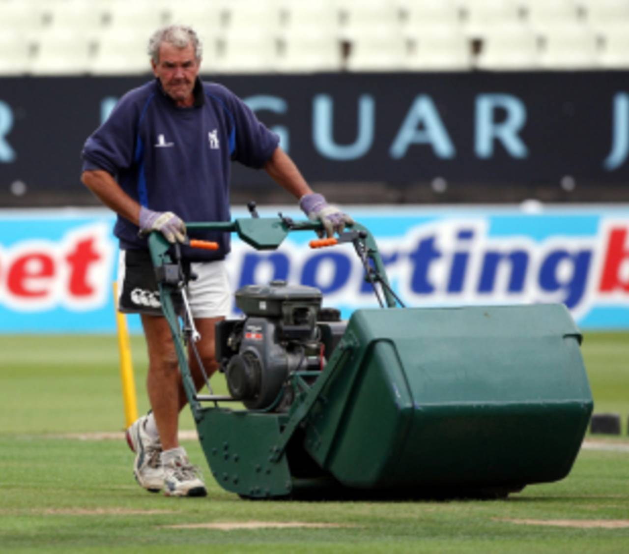 Edgbaston head groundsman Steve Rouse works on the pitch ahead of the third Test, Edgbaston, August 8 2011