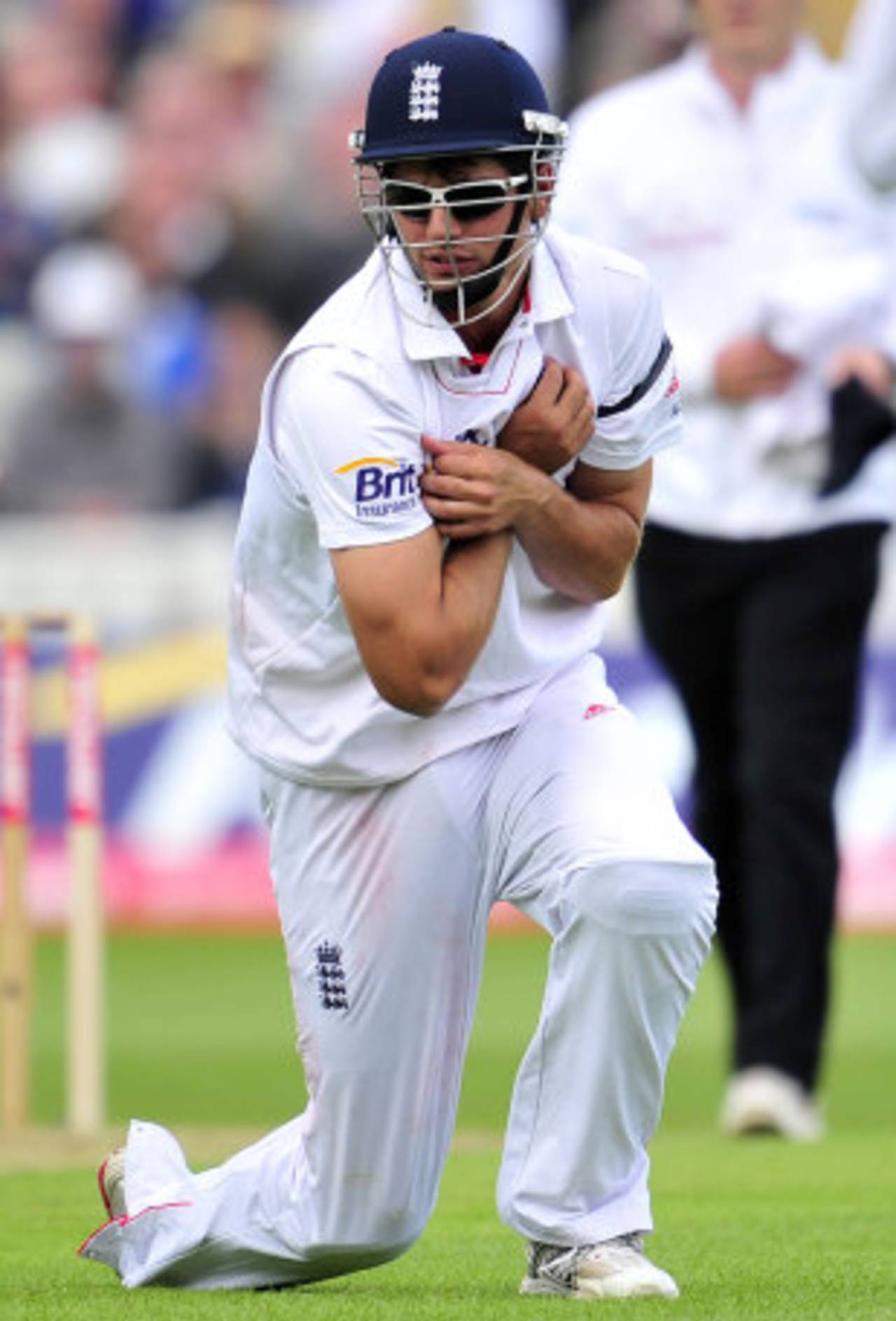 Alastair Cook somehow held a reflex catch in his armpit to end India's innings&nbsp;&nbsp;&bull;&nbsp;&nbsp;AFP