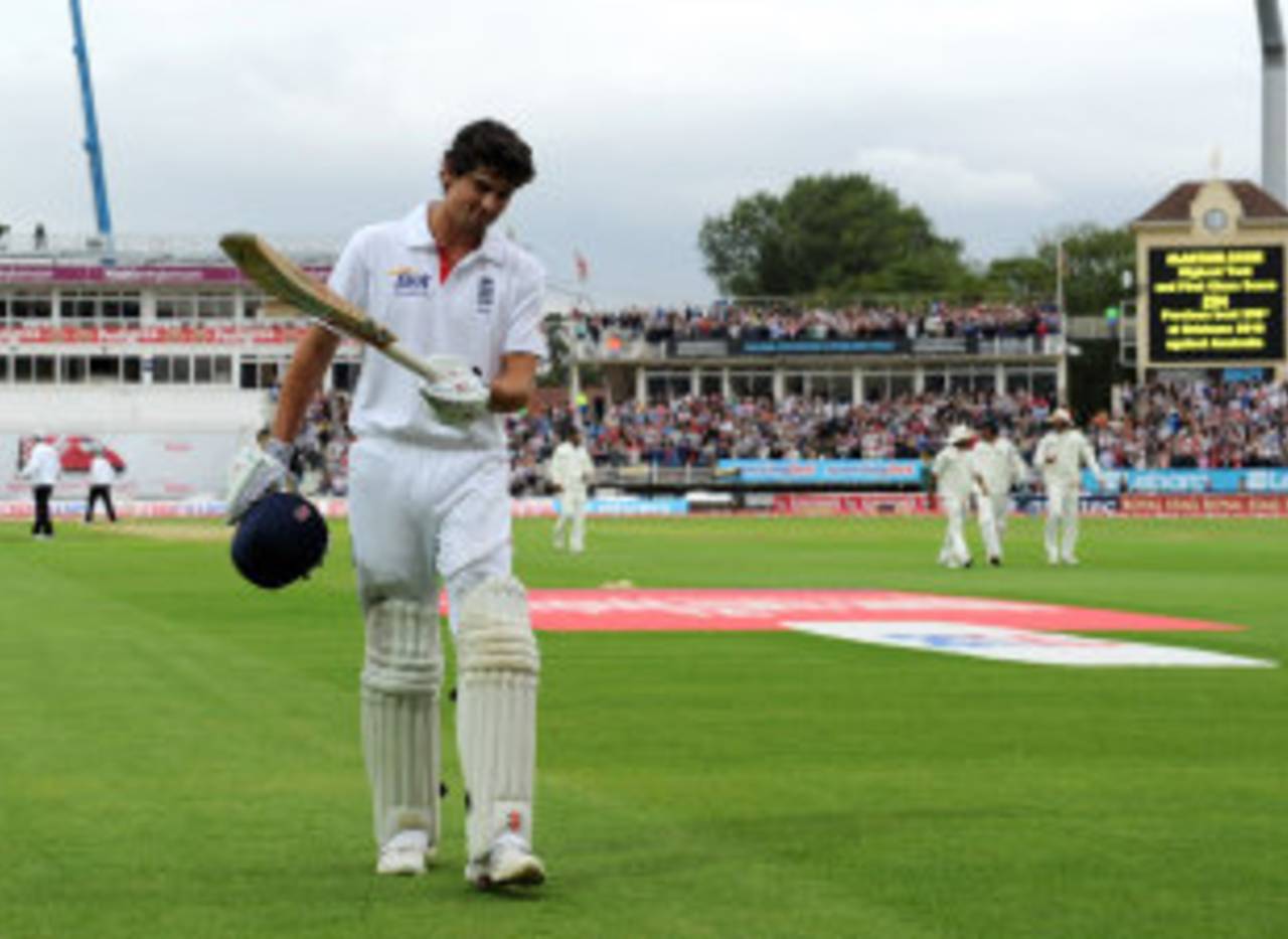 Alastair Cook walks back after missing out on a well-deserved 300, England v India, 3rd npower Test, Edgbaston, 3rd day, August 12, 2011