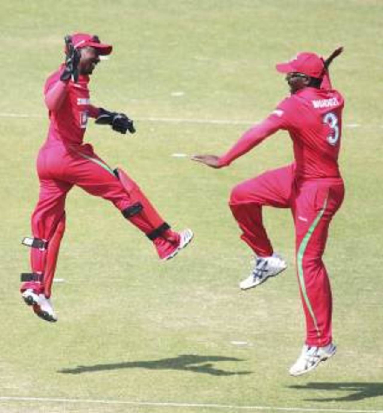 Tatenda Taibu and Hamilton Masakadza celebrate a wicket, Zimbabwe v Bangladesh, 2nd ODI, Harare, August 14, 2011