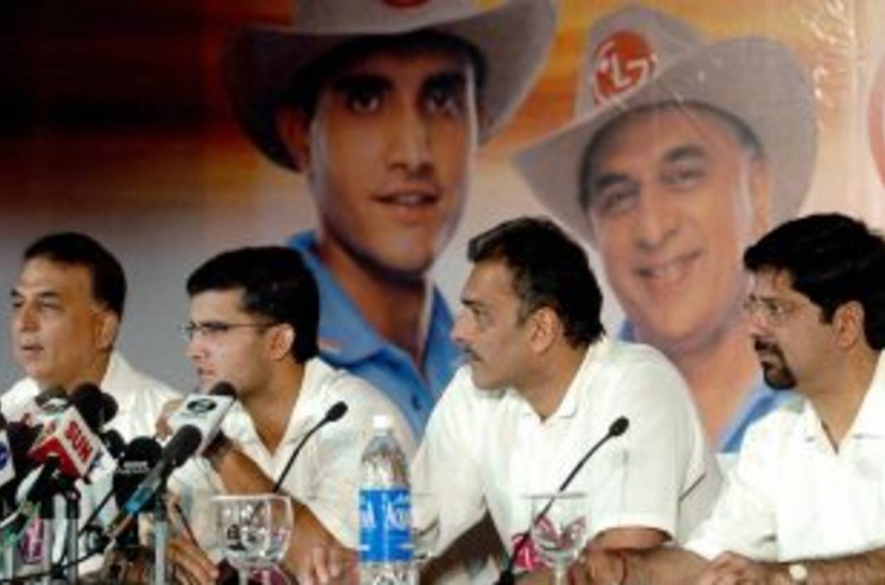 Sunil Gavaskar, Sourav Ganguly, Ravi Shastri and Krishnamachari Srikkanth at a press conference, New Delhi, 26 February 2004