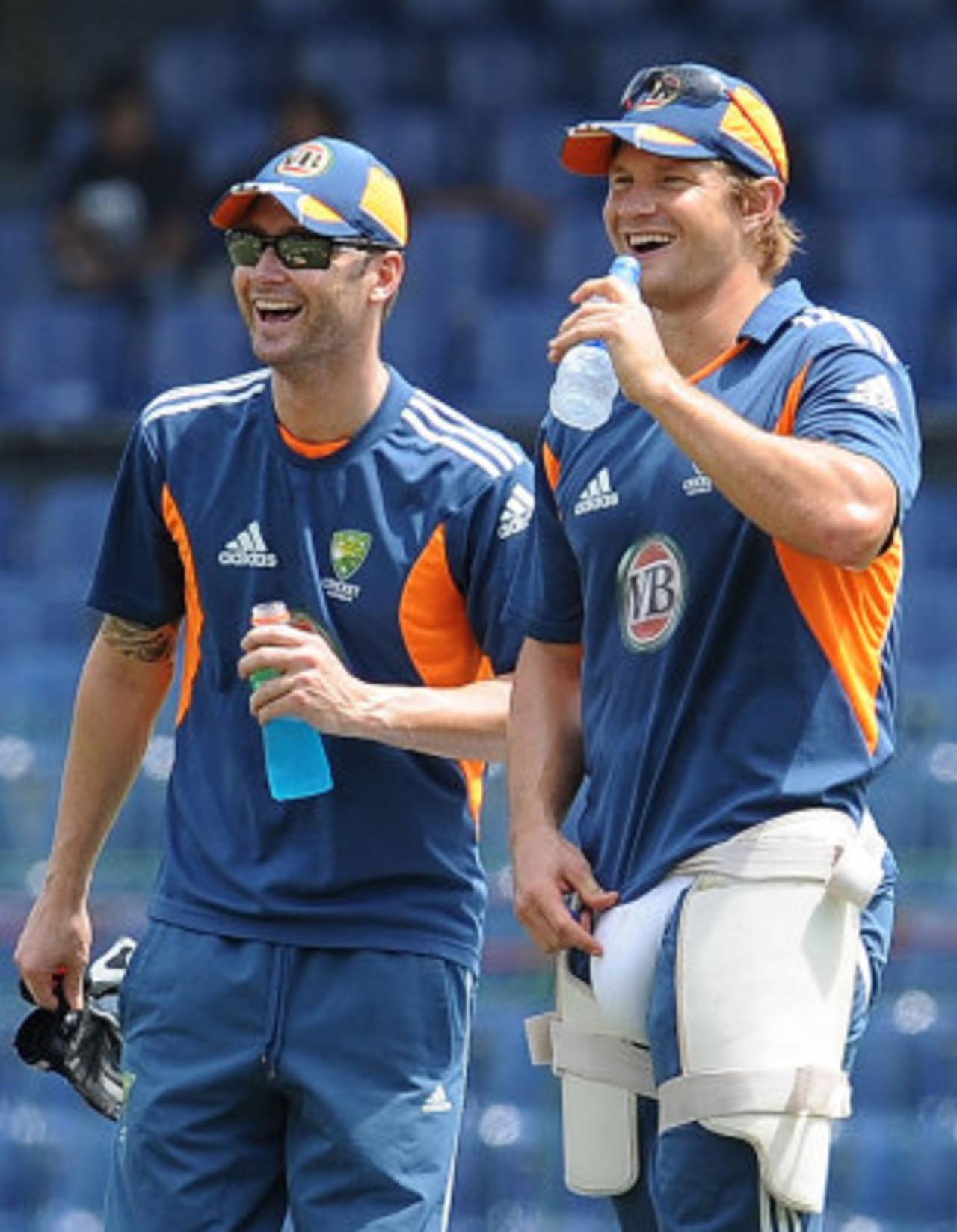 Michael Clarke and Shane Watson share a light moment during training, R Premadasa Stadium, Colombo, August 19, 2011