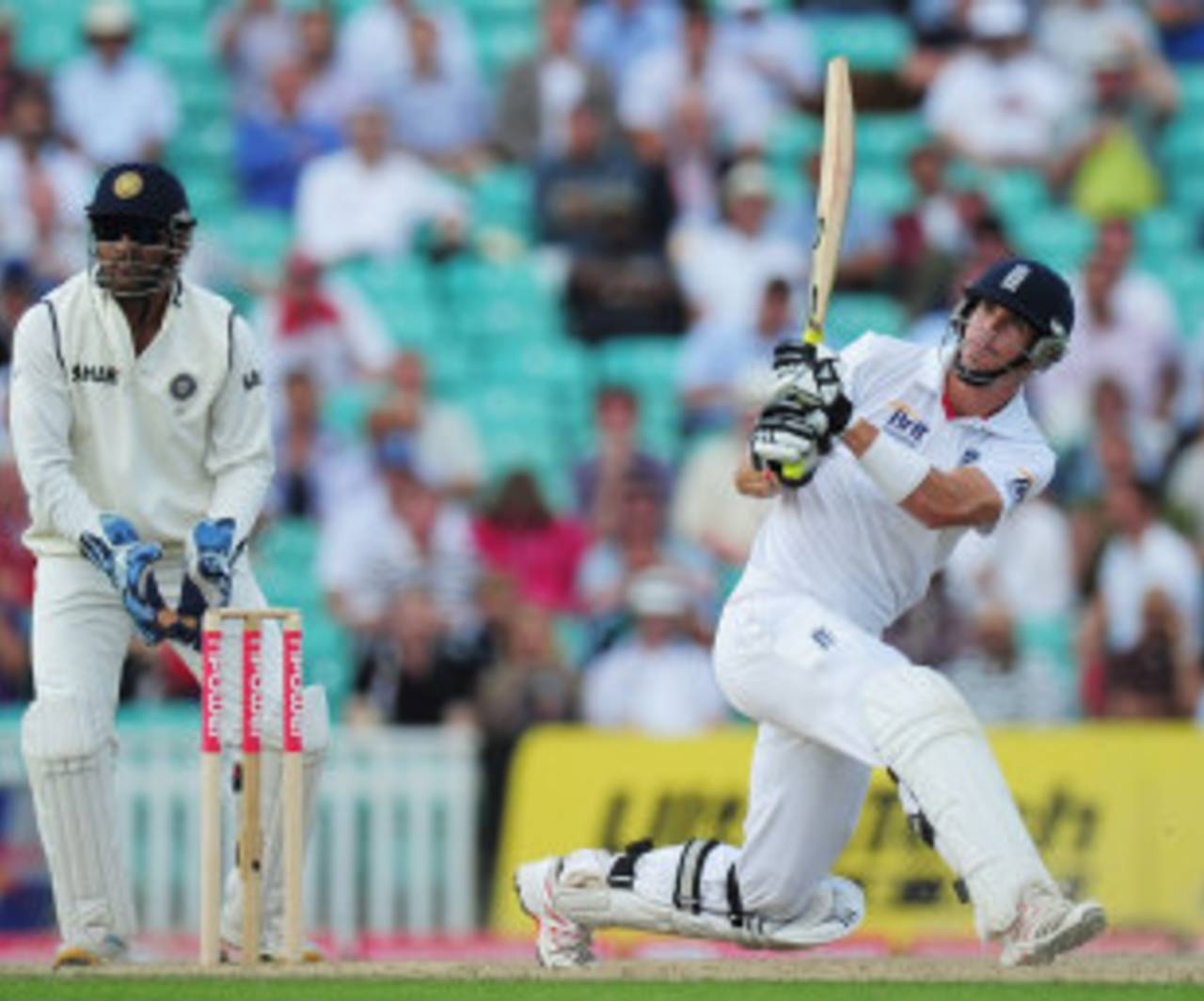 Kevin Pietersen watches his switch-hit go to the boundary, England v India, 4th Test, The Oval, 2nd day, August 19, 2011