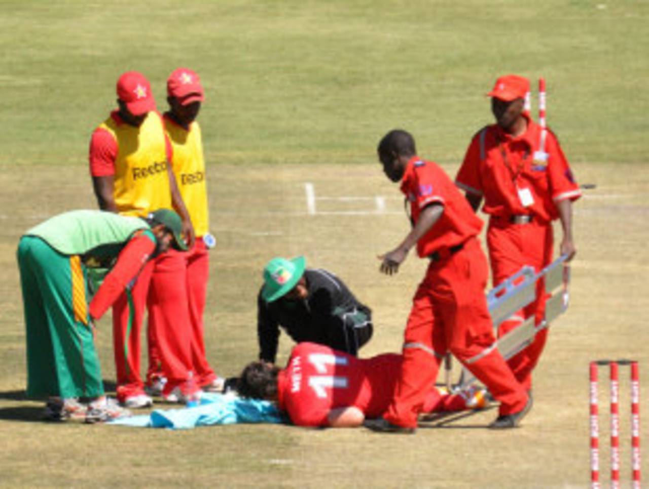 Meth lies on the ground after the blow that knocked four teeth out of his mouth&nbsp;&nbsp;&bull;&nbsp;&nbsp;Zimbabwe Cricket