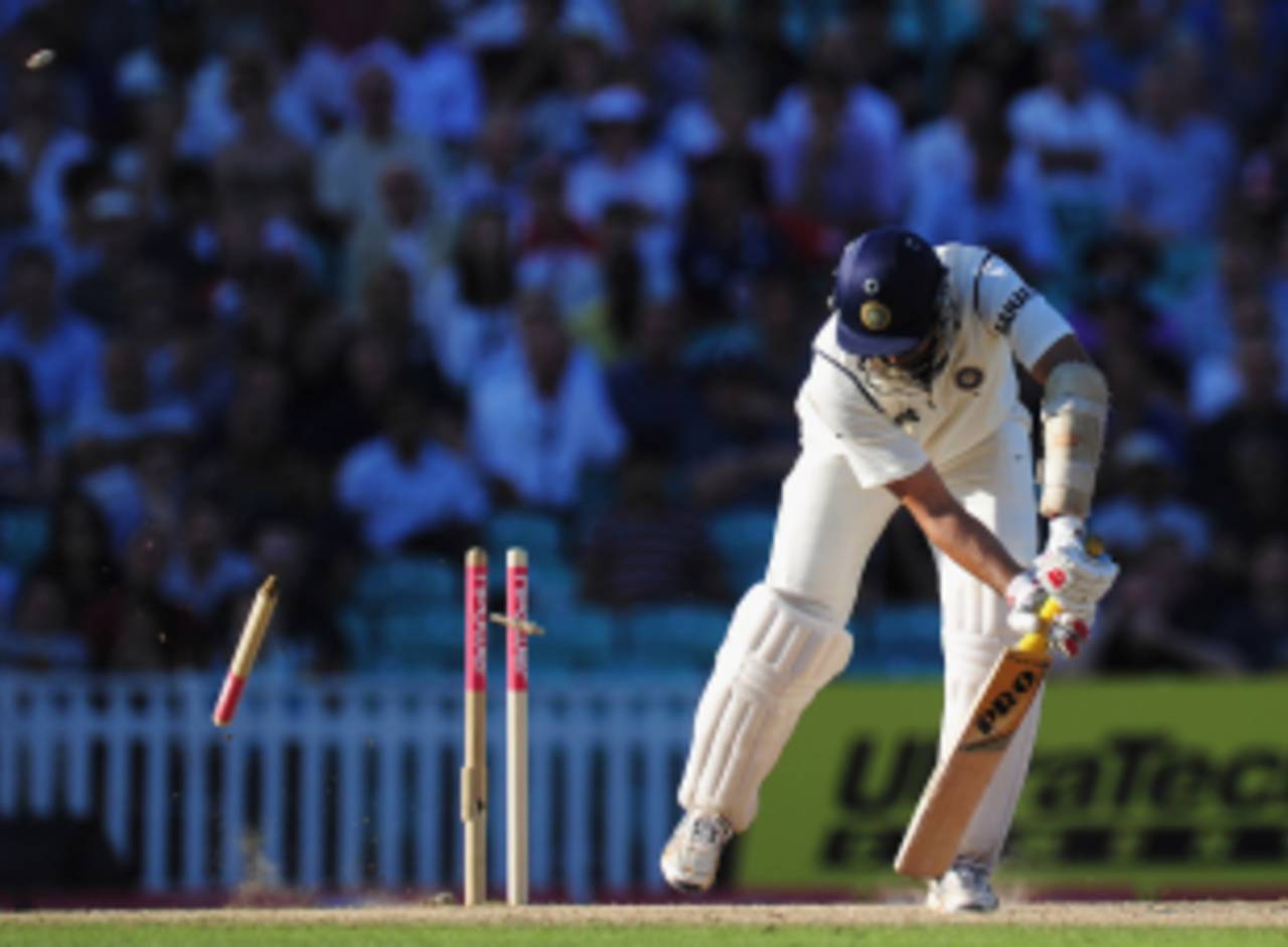 James Anderson sent VVS Laxman's off stump cartwheeling, England v India, 4th Test, The Oval, 4th day, August 21, 2011