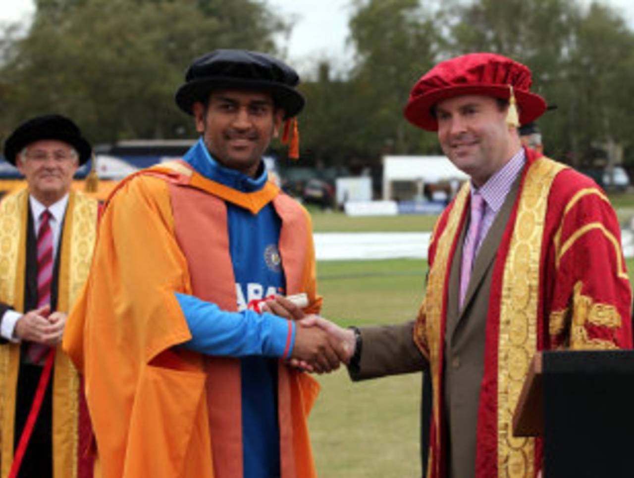 MS Dhoni was given an honorary doctorate by Leicester's De Montfort University after the Indians' tour game against Leicestershire, Leicestershire v Indians, Twenty20, Leicester, August 29, 2011