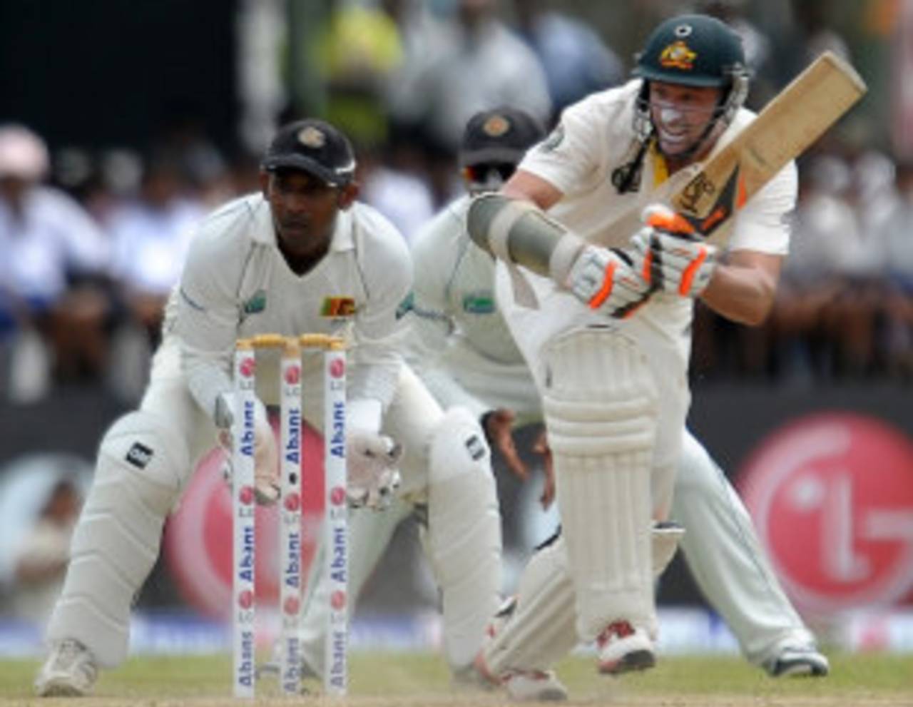 Michael Hussey tried to rebuild the Australia innings, Sri Lanka v Australia, 1st Test, Galle, 1st day, August 31, 2011