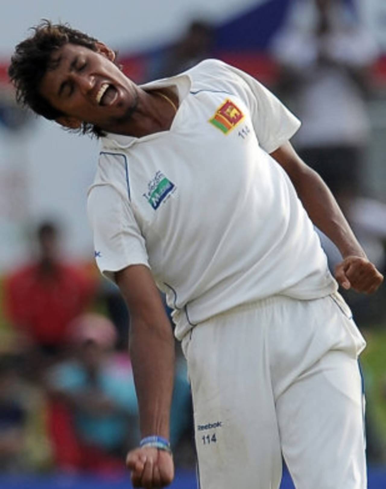 Suranga Lakmal is pumped up after dismissing Ryan Harris, Sri Lanka v Australia, 1st Test, Galle, 1st day, August 31, 2011