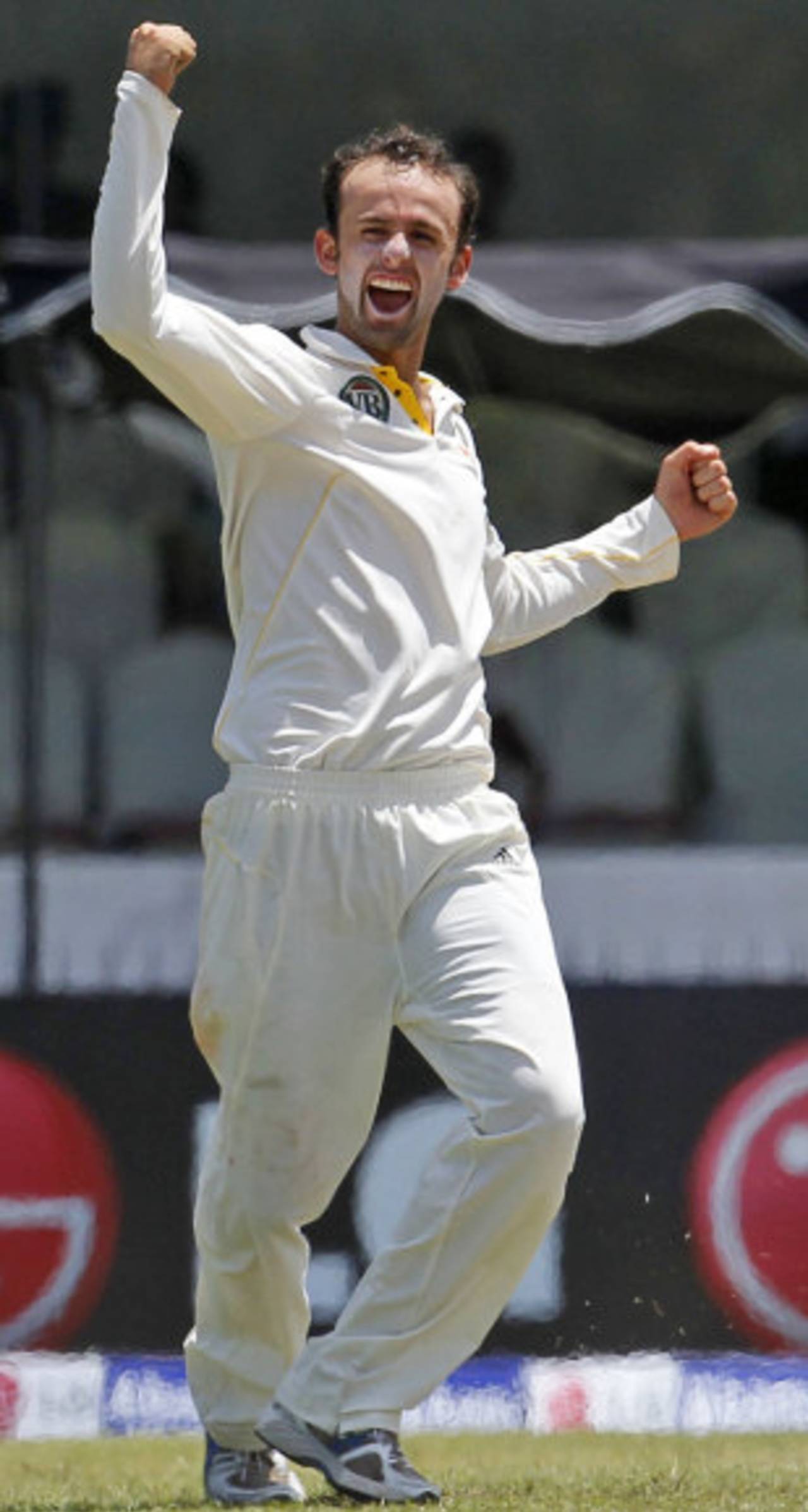 Nathan Lyon celebrates his first wicket in international cricket, Sri Lanka v Australia, 1st Test, Galle, 2nd day, September 1, 2011