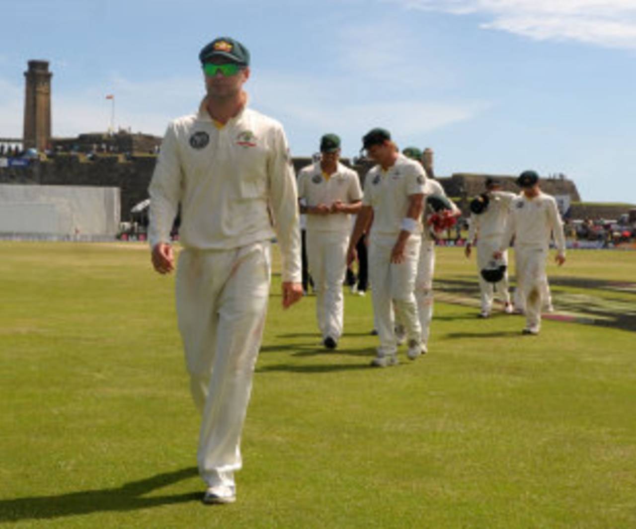 Michael Clarke leads his team off the field after their victory, Sri Lanka v Australia, 1st Test, Galle, 4th day, September 3, 2011