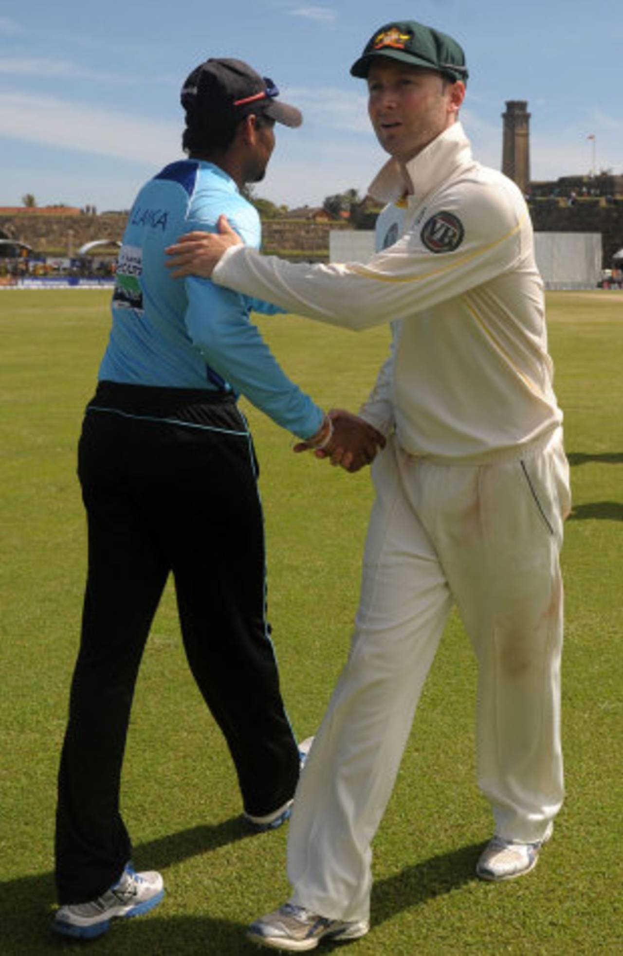 The two captains, Michael Clarke and Tillkaratne Dilshane shake hands after Test, Sri Lanka v Australia, 1st Test, Galle, 4th day, September 3, 2011