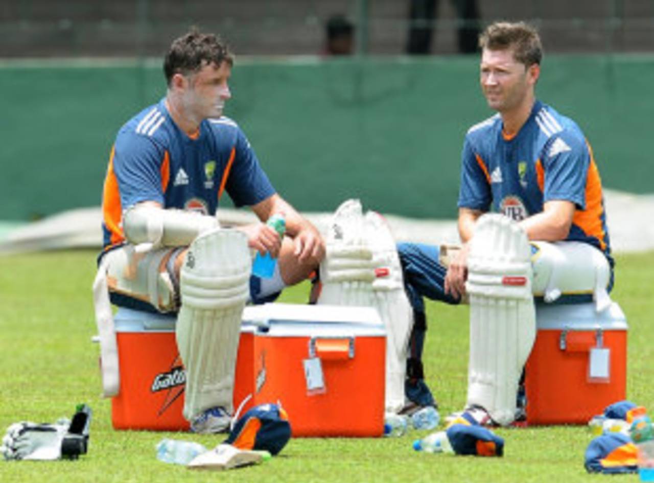 Michael Hussey and Michael Clarke take a breather, Colombo, September 14, 2011