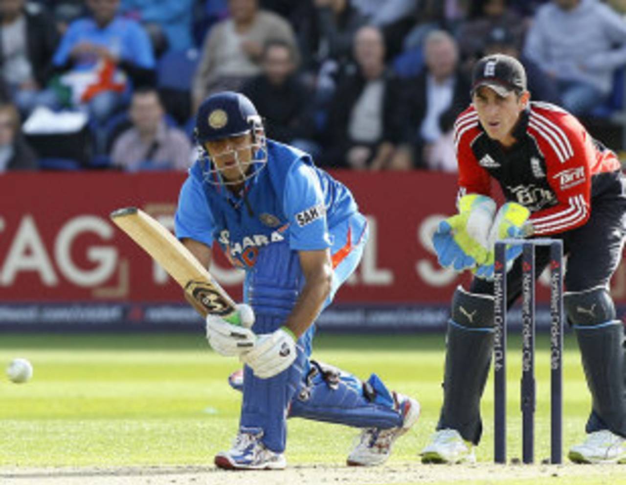 Rahul Dravid hits one away in his final ODI, England v India, 5th ODI, Cardiff, September 16, 2011