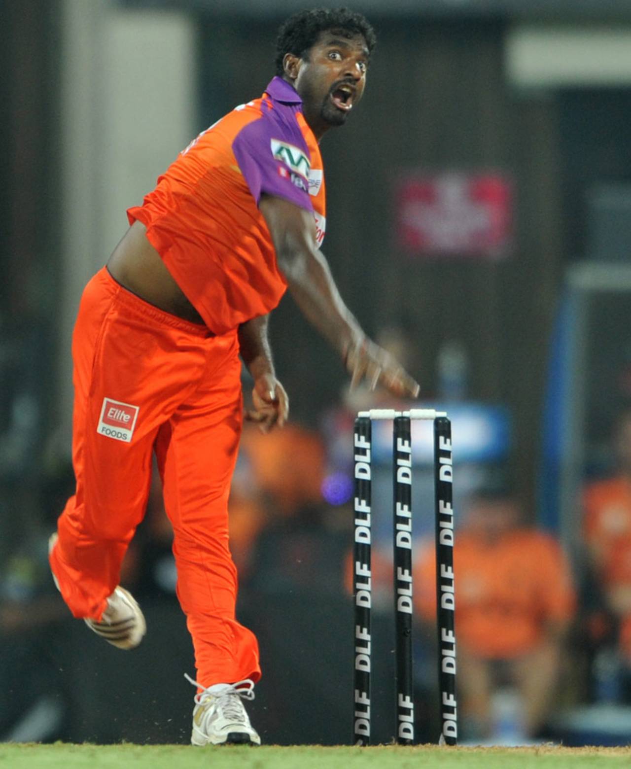 Muttiah Muralitharan sends down a delivery, Pune Warriors v Kochi Tuskers Kerala, IPL 2011, Navi Mumbai, April 13, 2011