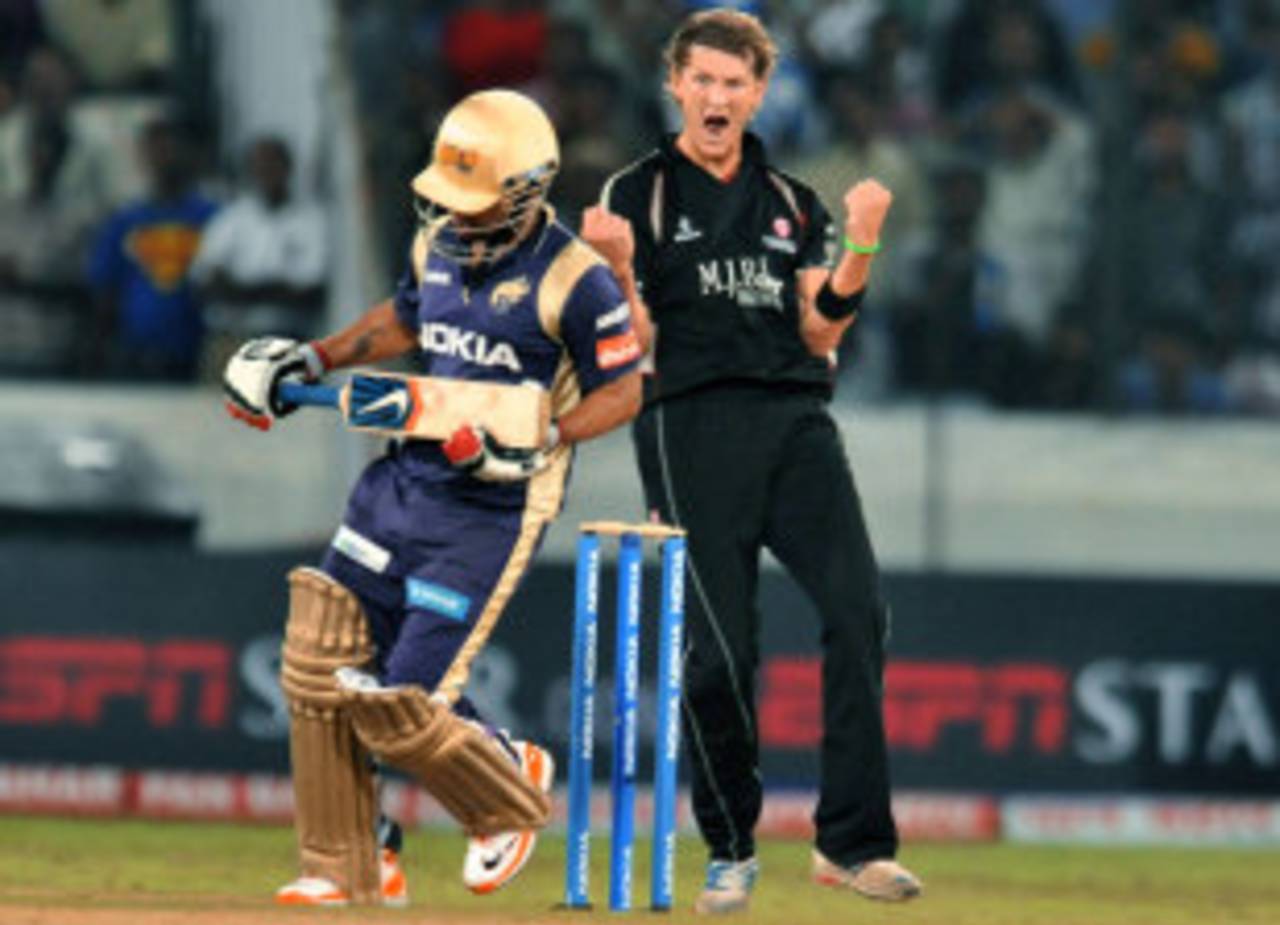 Max Waller celebrates the dismissal of Shreevats Goswami, Kolkata Knight Riders v Somerset, CLT20 qualifier, Hyderabad, September 21, 2011