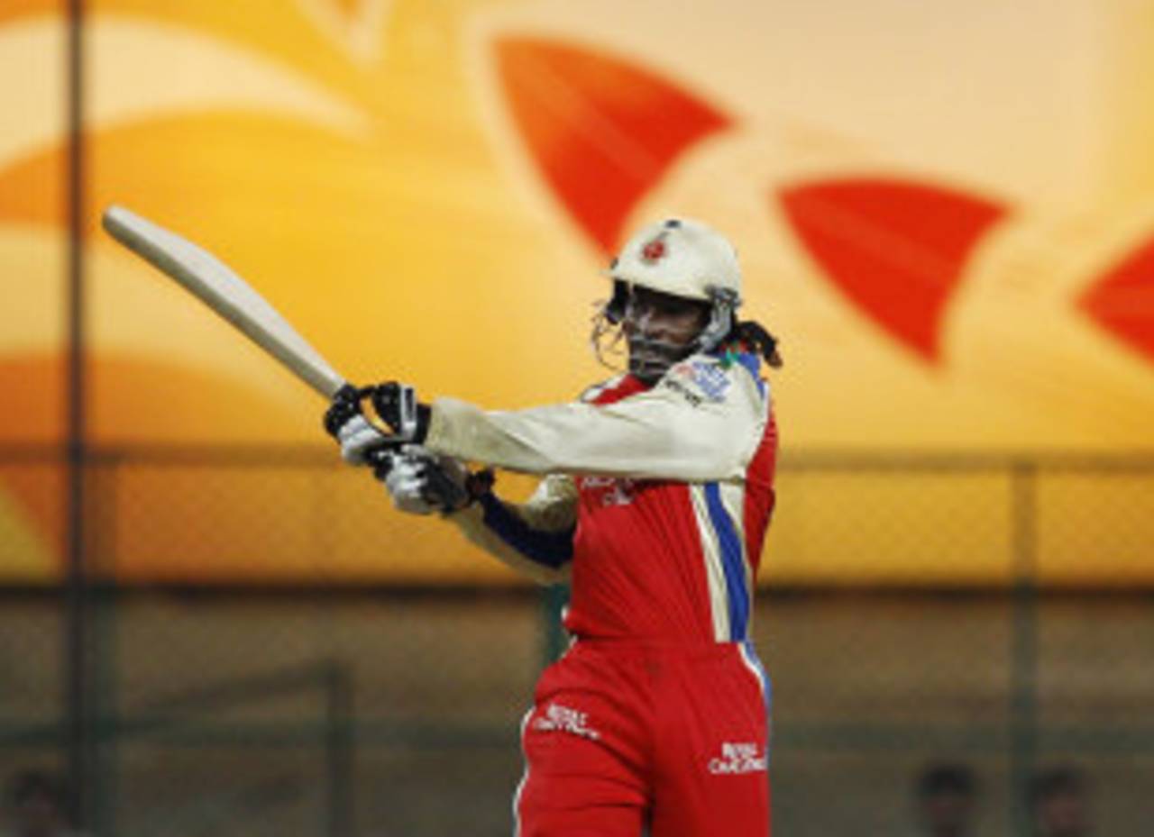 Chris Gayle plays an aggressive stroke, RCB v NSW, 1st semi-final, CLT20, Bangalore, October 7, 2011