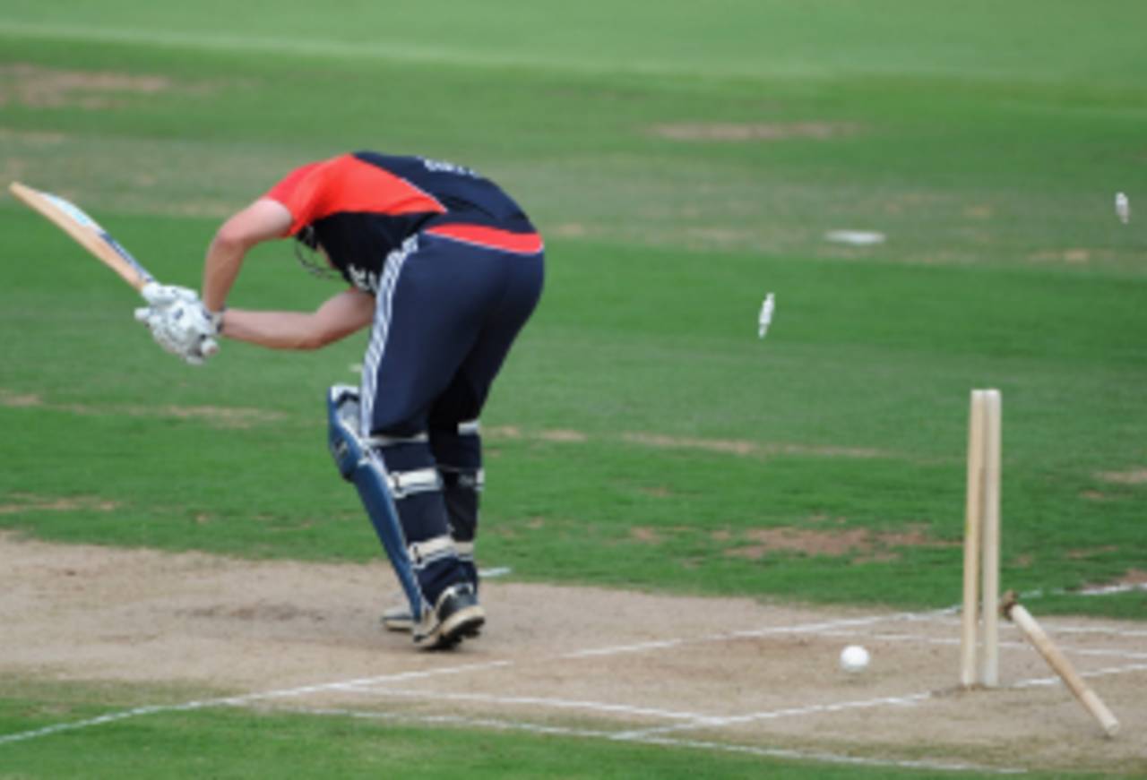 Jonathan Trott had his stumps rattled by Pagadala Naidu, Hyderabad Cricket Association XI v England XI, Tour Match, Hyderabad, October 8 2011