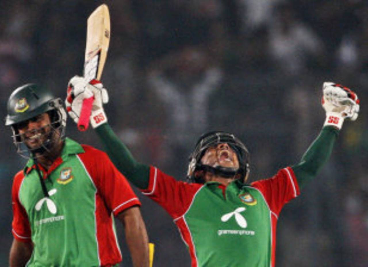 Mushfiqur Rahim lets out a victory cry, Bangladesh v West Indies, only Twenty20, Mirpur, October 11, 2011