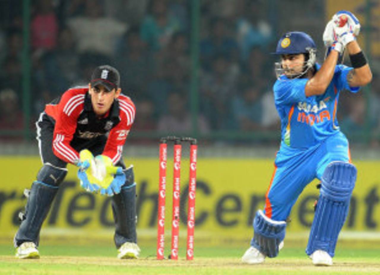 Virat Kohli drives during his wonderful hundred, India v England, 2nd ODI, Delhi, October 17 2011