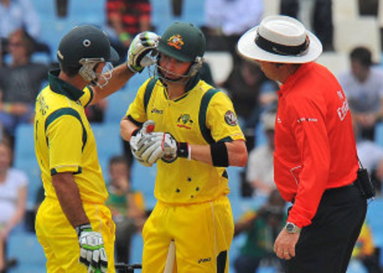 Michael Clarke took a blow on the helmet from Lonwabo Tsotsobe, South Africa v Australia, 1st ODI, Centurion, October 19, 2011