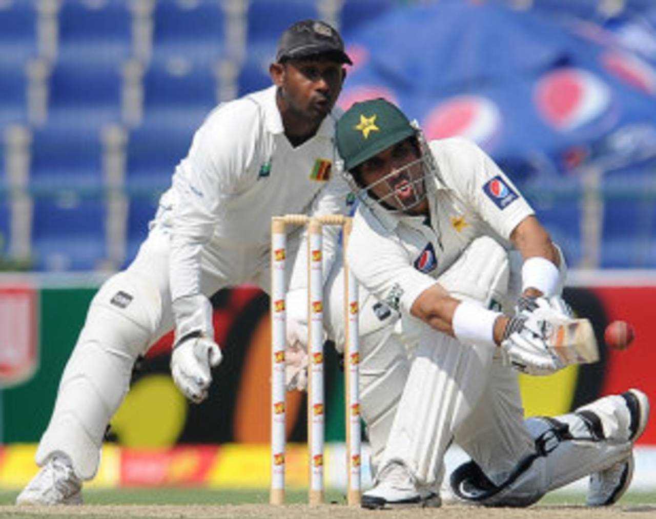 Misbah-ul-haq plays a sweep, Pakistan v Sri Lanka, 1st Test, Abu Dhabi, 3rd day, October 20, 2011