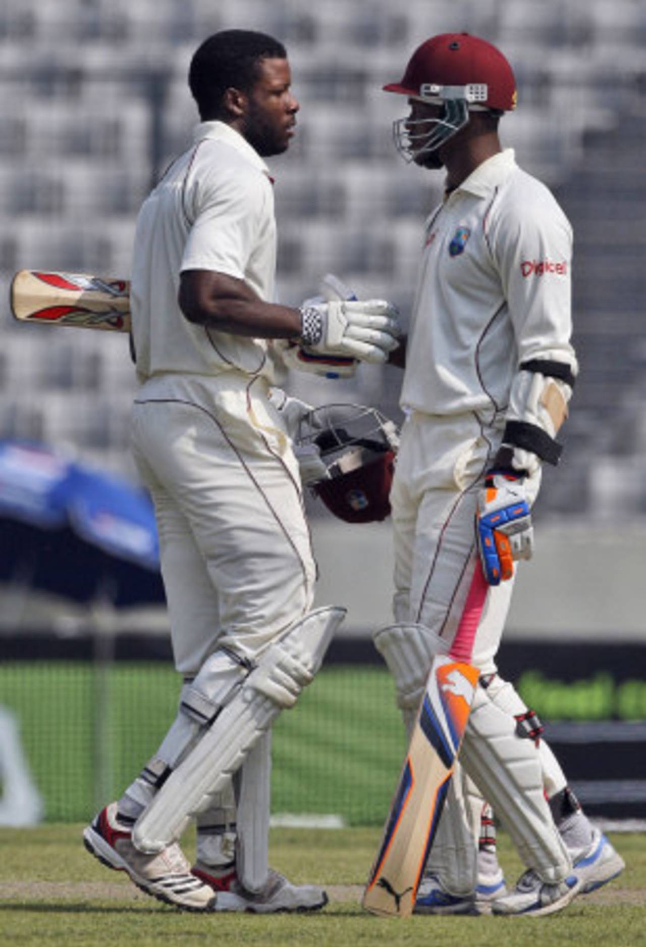 Marlon Samuels congratulates Kirk Edwards on his hundred, Bangladesh v West Indies, 2nd Test, Mirpur, 2nd day, October 30, 2011