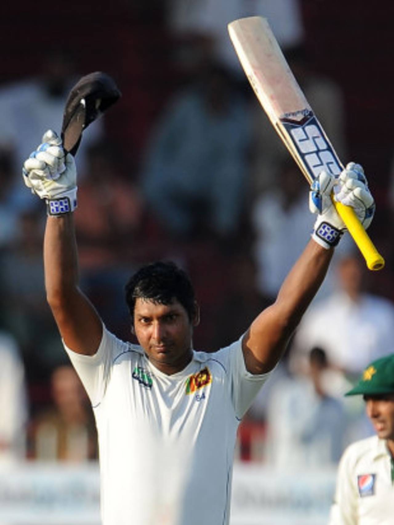 Kumar Sangakkara celebrates his 27th Test ton, Pakistan v Sri Lanka, 3rd Test, Sharjah, 1st day, November 3, 2011