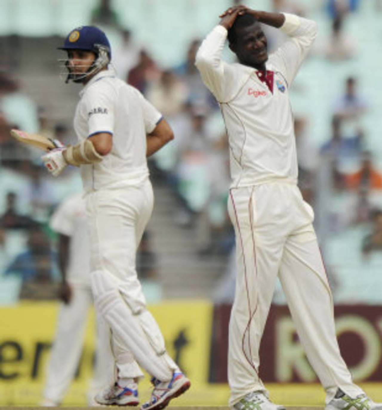 Darren Sammy reacts to more runs off VVS Laxman's bat, India v West Indies, 2nd Test, Kolkata, 2nd day, November 15, 2011