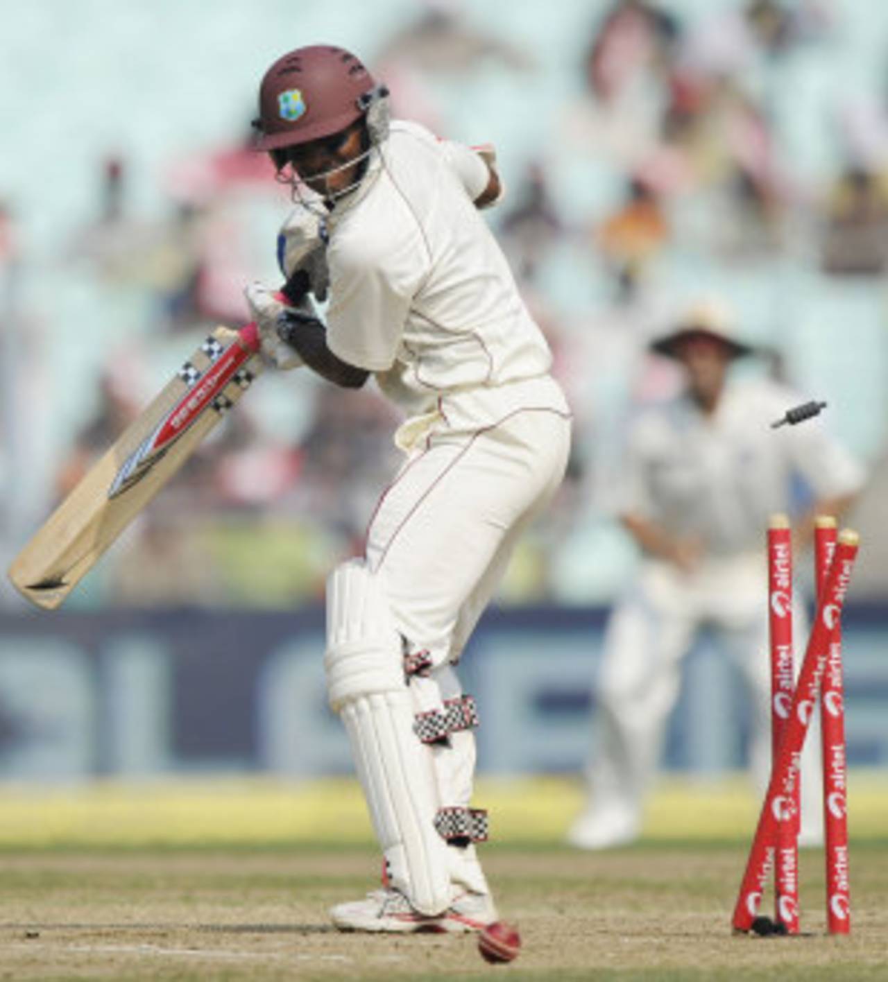 Shivnarine Chanderpaul chops Umesh Yadav onto his stumps, India v West Indies, 2nd Test, Kolkata, 4th day, November 17, 2011